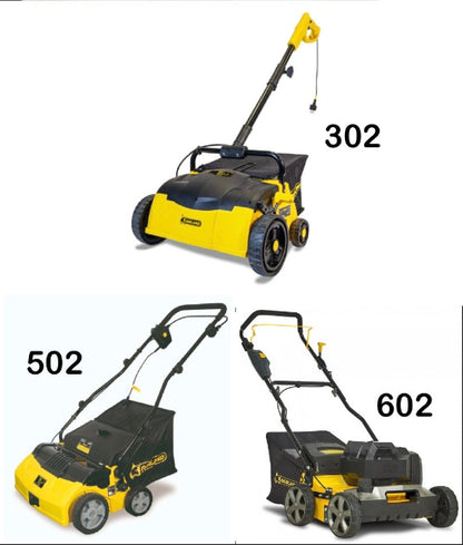 Three artifical lawn sweepers with model numbers 302, 502, and 602 on a white background.