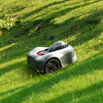 N2000 Novabot Robotic lawn mower on a grassy lawn up a hill