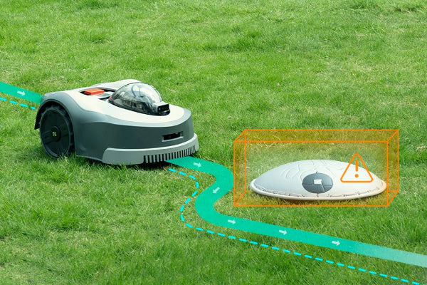 Novabot N2000 Robotic lawn mower on a grassy field with a highlighted area showing a potential obstacle.