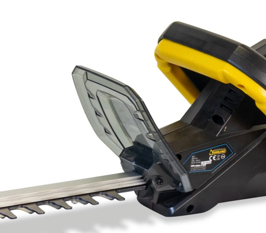 Close-up of a Garland 552 battery hedge trimmer with visible safety guard on a white background