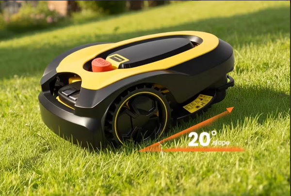 Robotic Suntek V600 Lawn Mower on grass with a slope indicator